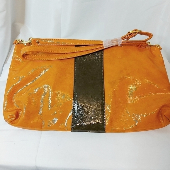 Elizabeth Grant Patent Leather Handbag 14" Caramel And Brown - Picture 4 of 5